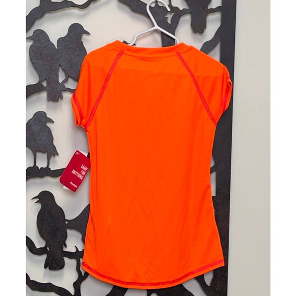 NWT Reebok PlayDry Neon Orange Active Top Sparkle Logo Small 7/8 FLAW - Picture 2 of 9